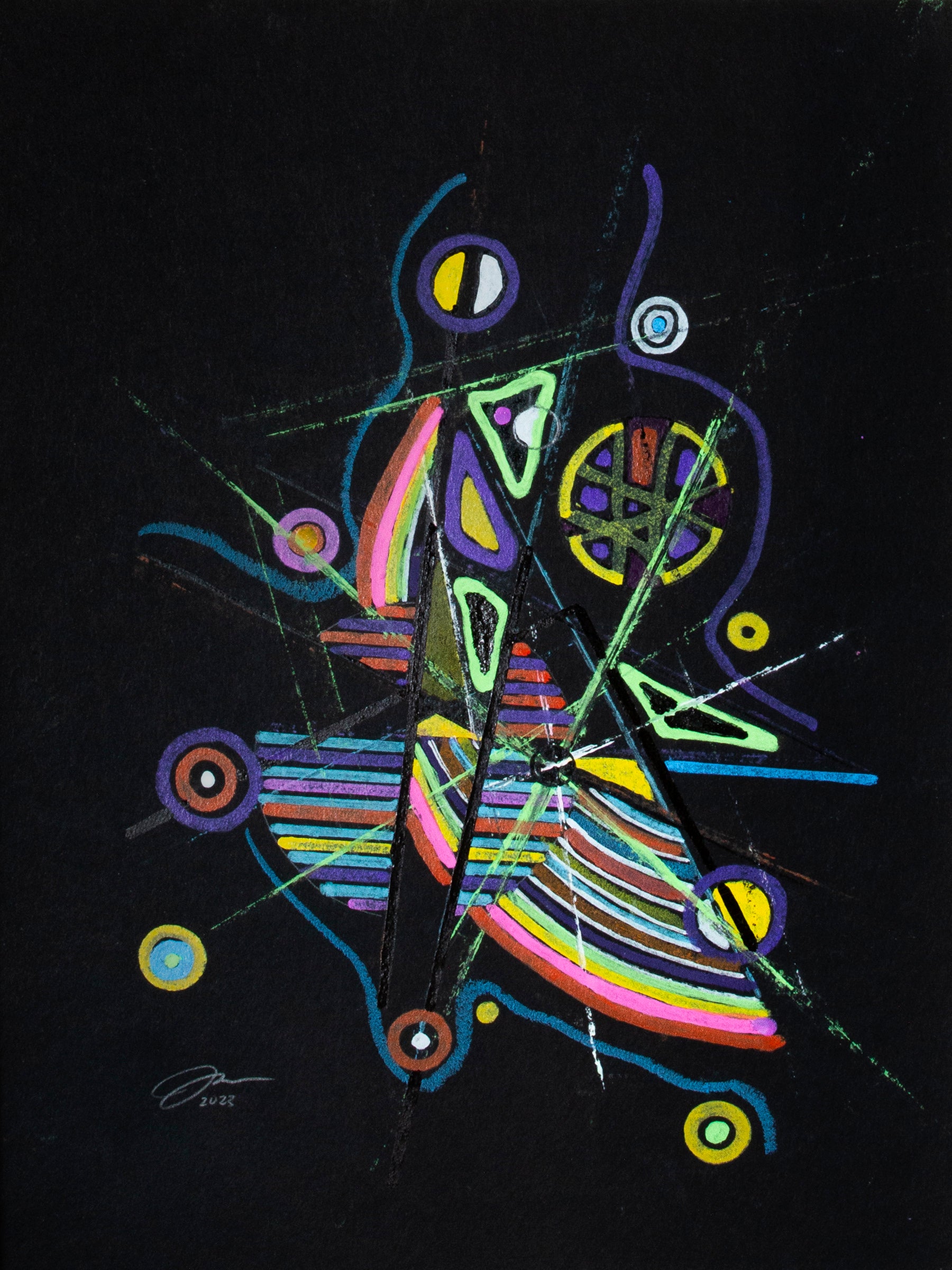 Abstract artwork with colorful geometric shapes on a black background