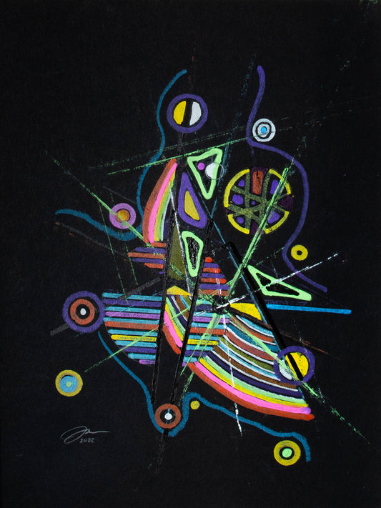 Abstract artwork with colorful geometric shapes on a black background